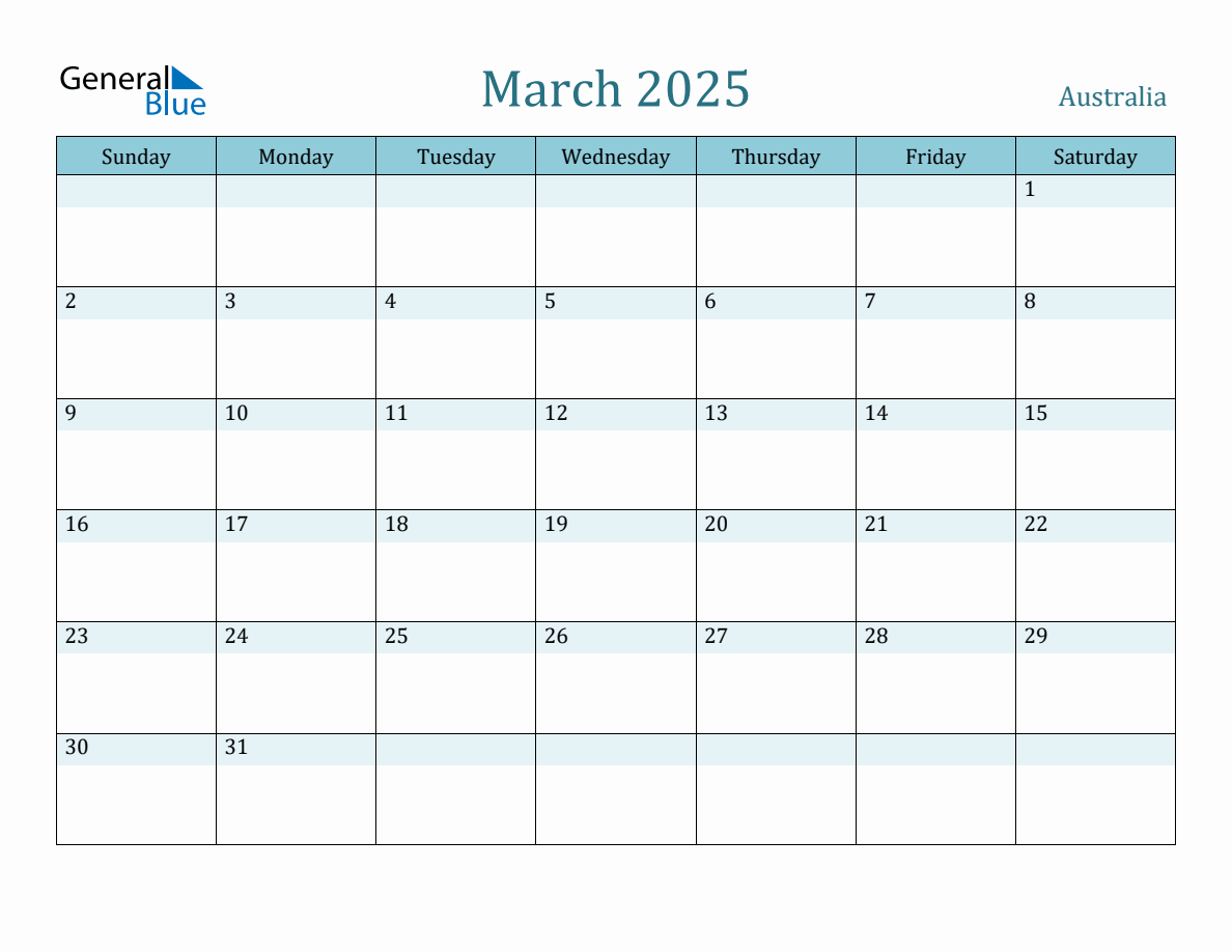 Australia Holiday Calendar for March 2025