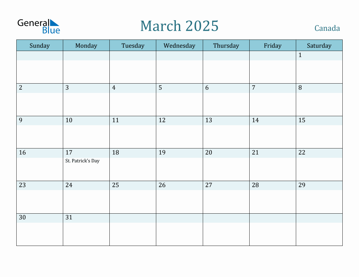 Canada Holiday Calendar for March 2025