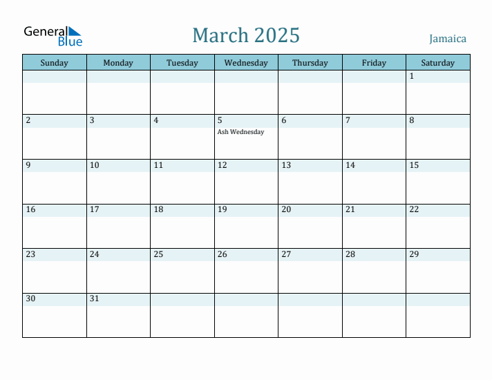 March 2025 Monthly Calendar with Jamaica Holidays