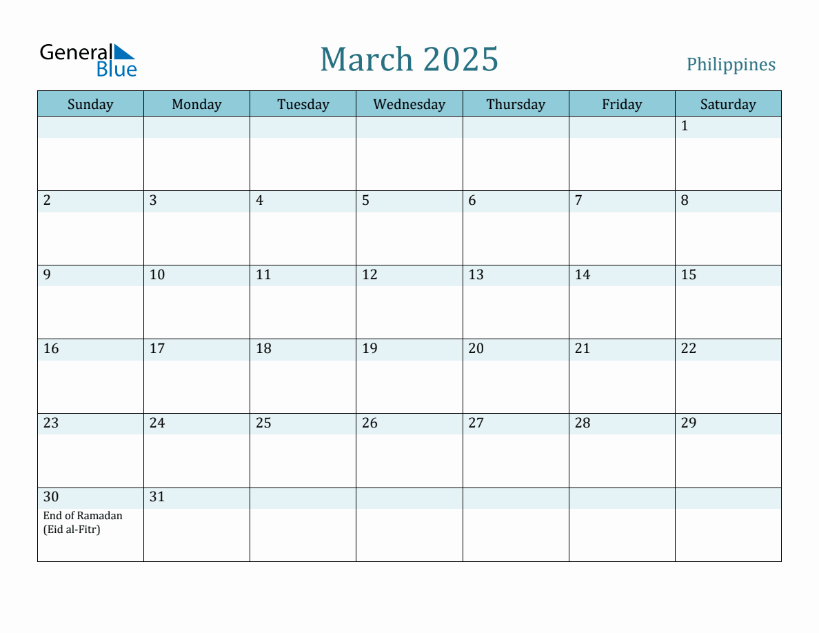 Philippines Holiday Calendar for March 2025