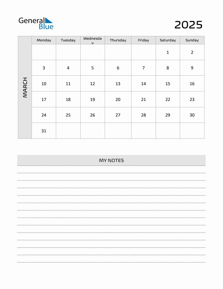 March 2025 Printable Monthly Calendar with Notes
