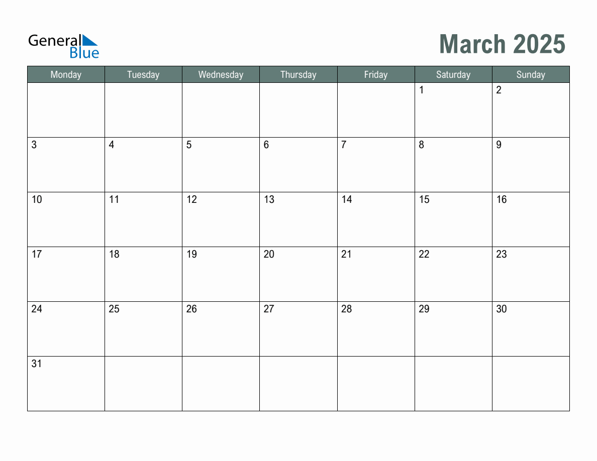 Blank March 2025 Monthly Calendar Template