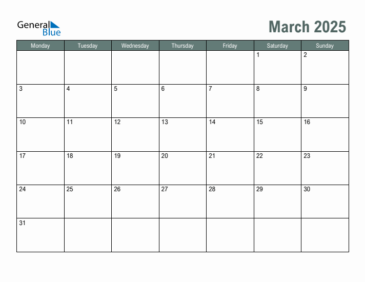 Free Printable March 2025 Calendar