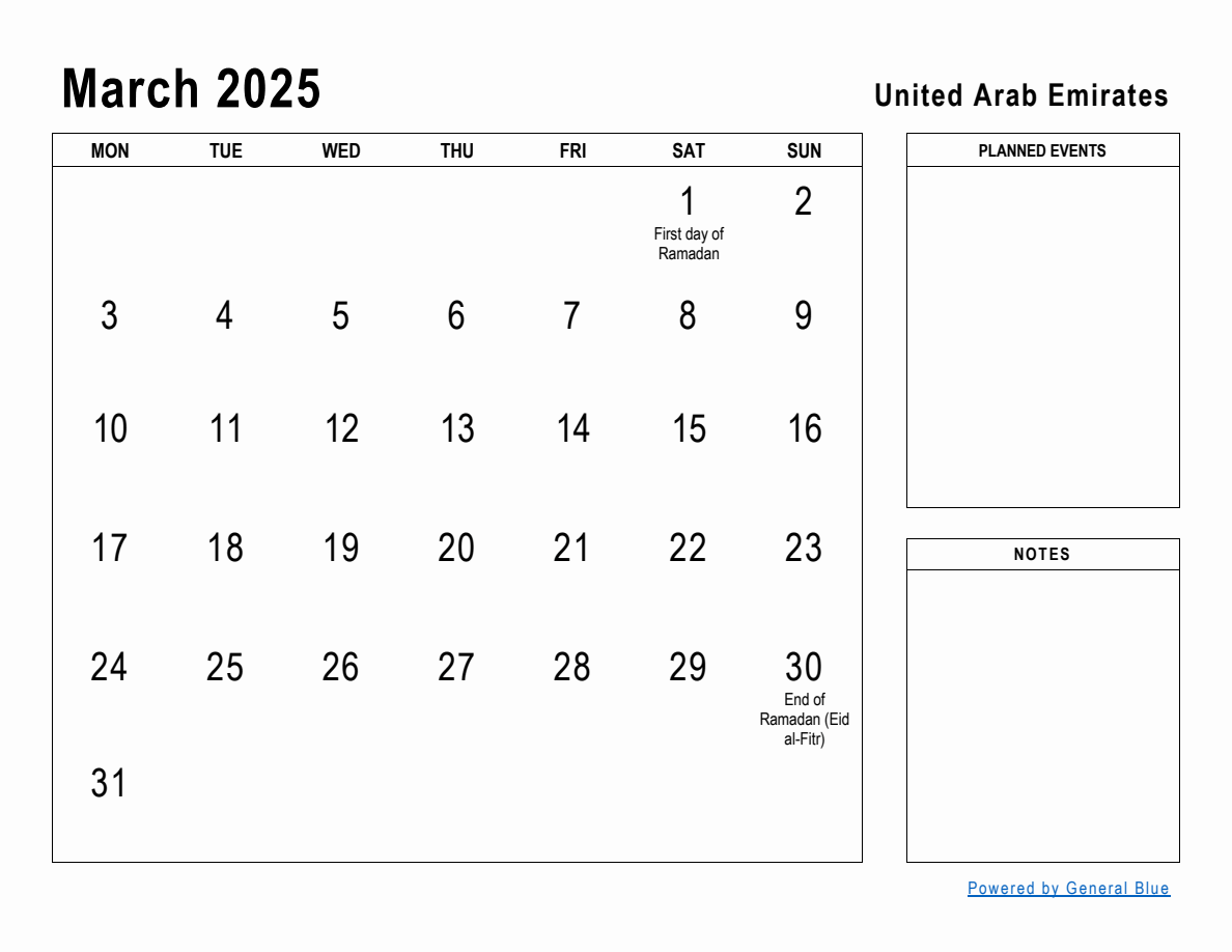 March 2025 Planner with United Arab Emirates Holidays