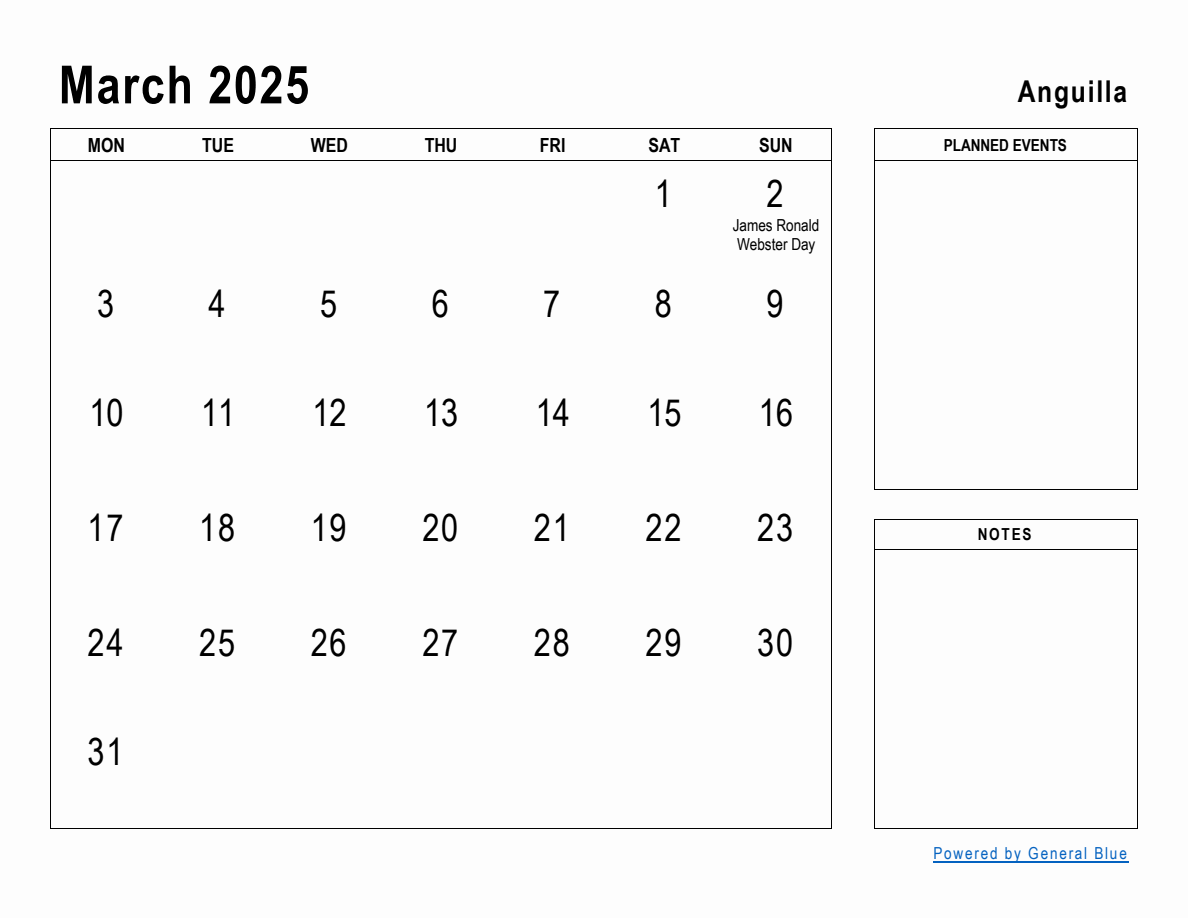 March 2025 Planner with Anguilla Holidays