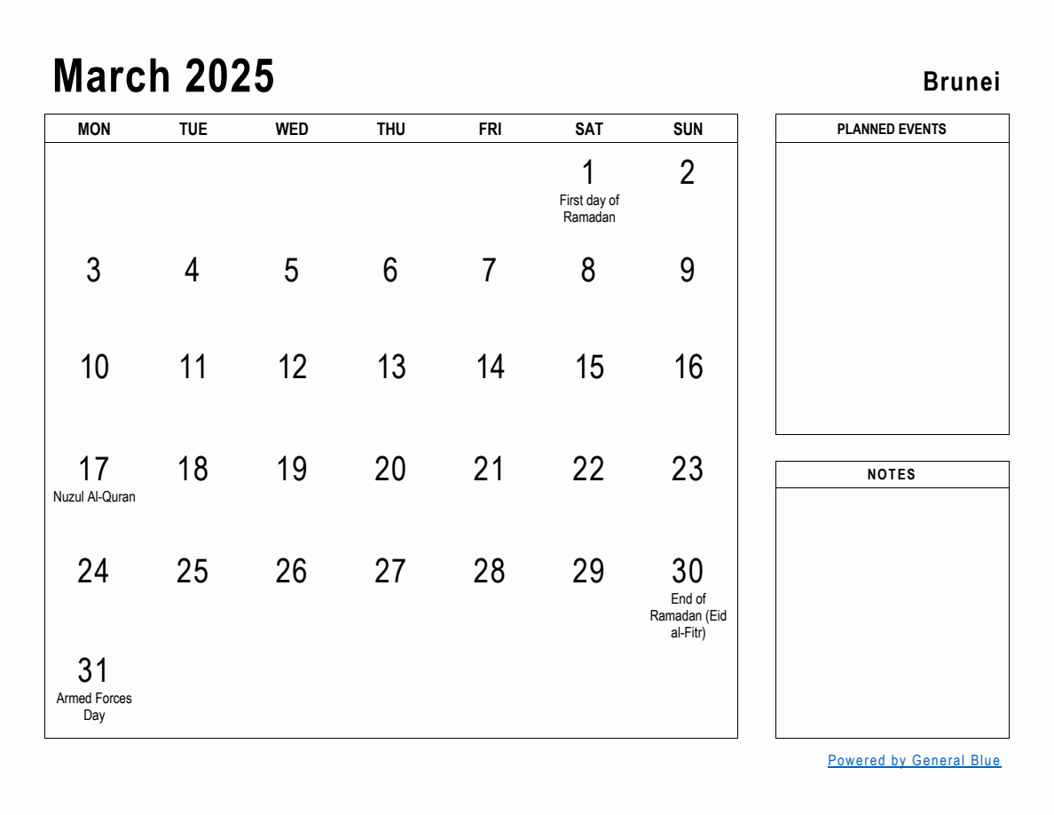 March 2025 Planner with Brunei Holidays