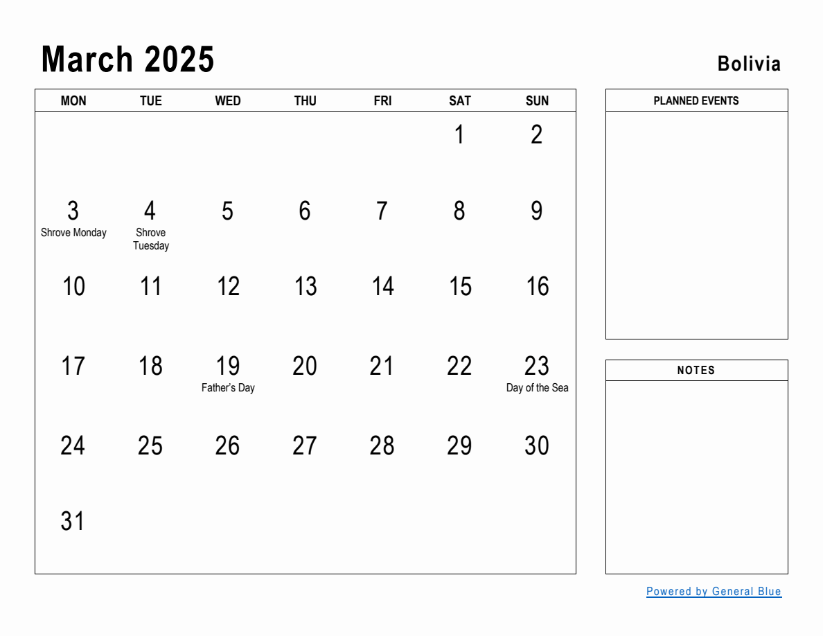 March 2025 Planner with Bolivia Holidays