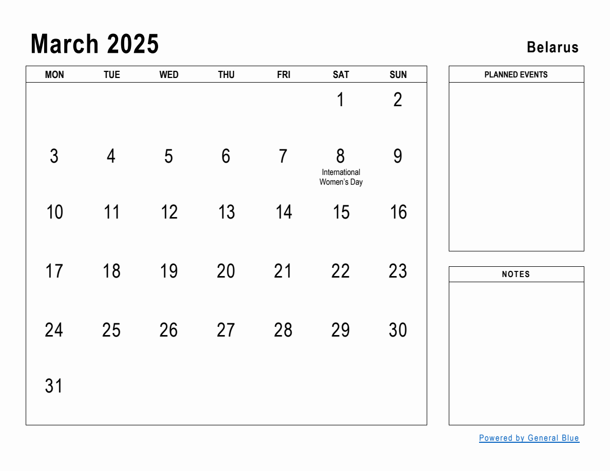 March 2025 Planner with Belarus Holidays