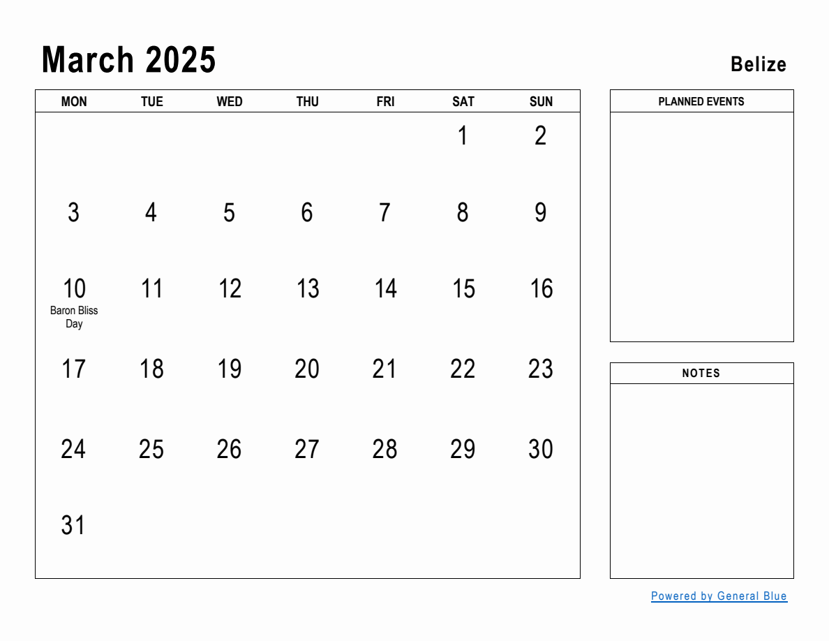 March 2025 Planner with Belize Holidays