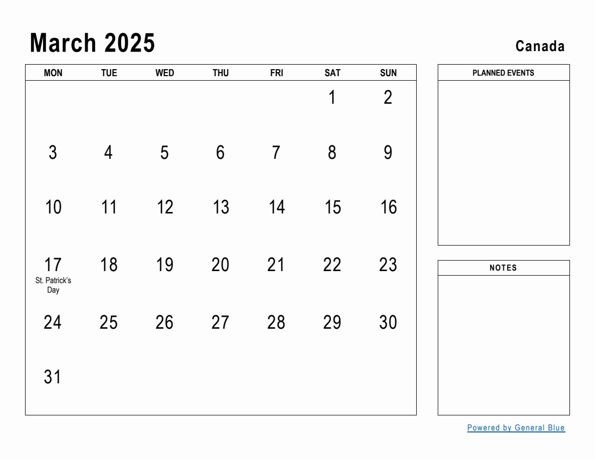 March 2025 Planner with Canada Holidays