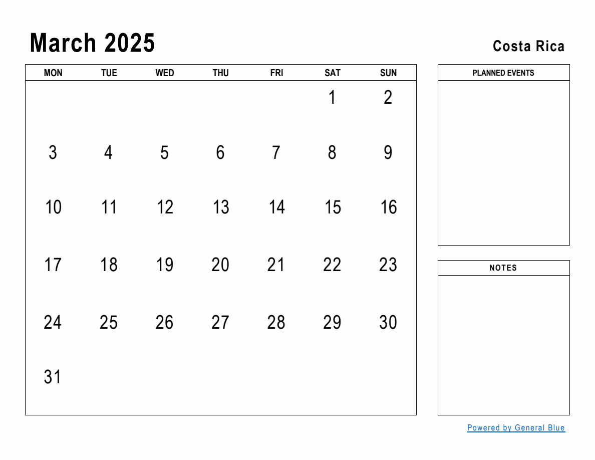 March 2025 Planner with Costa Rica Holidays