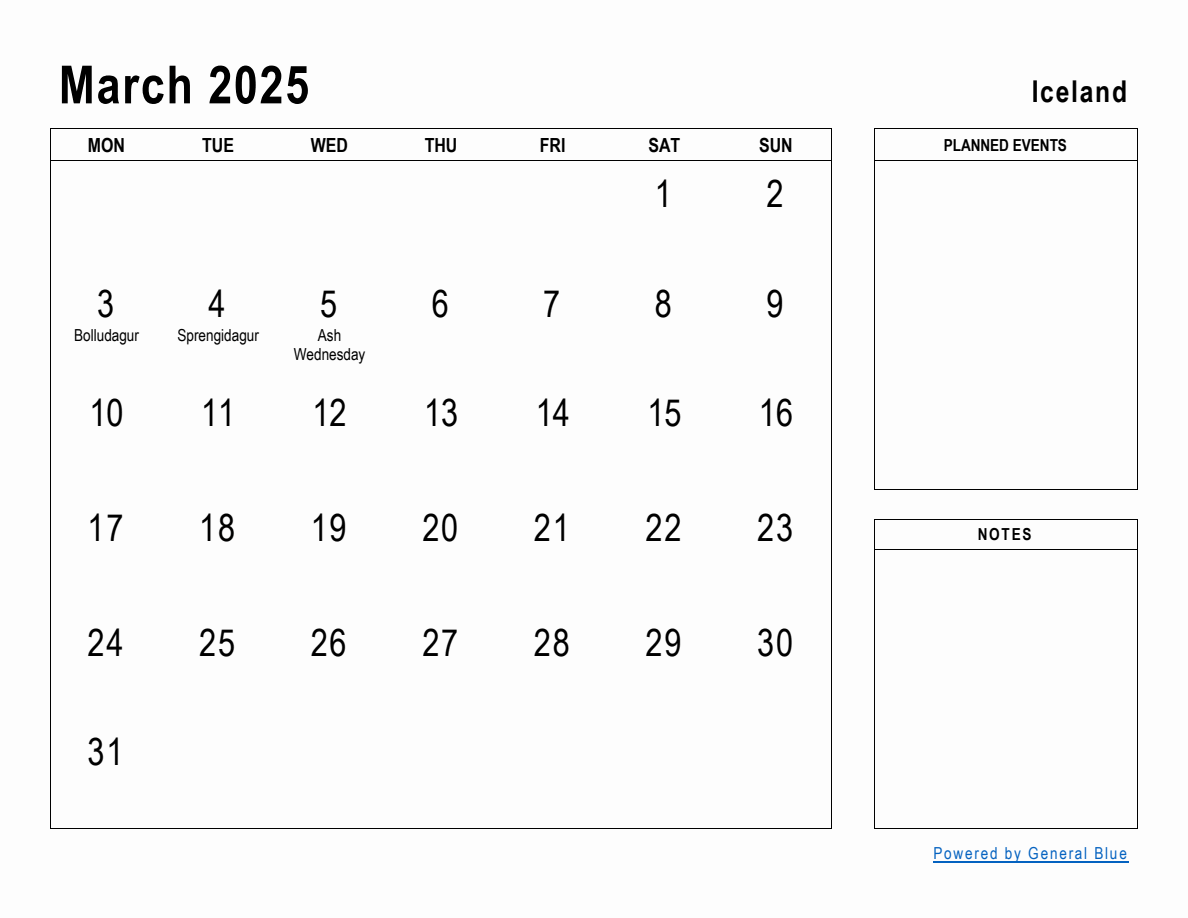 March 2025 Planner with Iceland Holidays