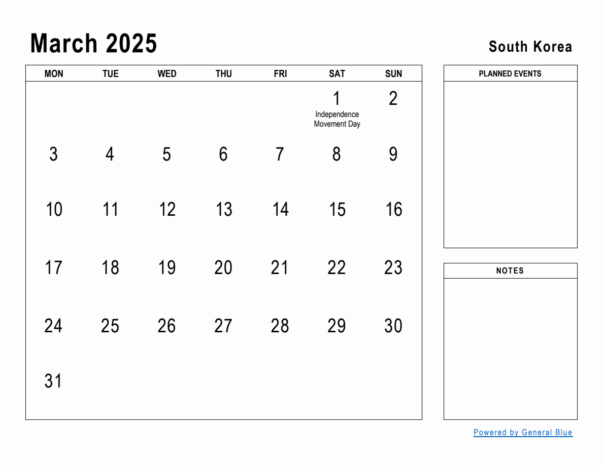 March 2025 Planner with South Korea Holidays