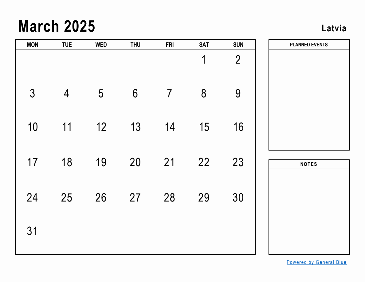 March 2025 Planner with Latvia Holidays