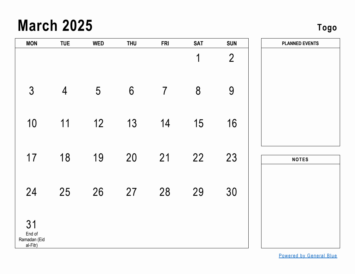 March 2025 Planner with Togo Holidays