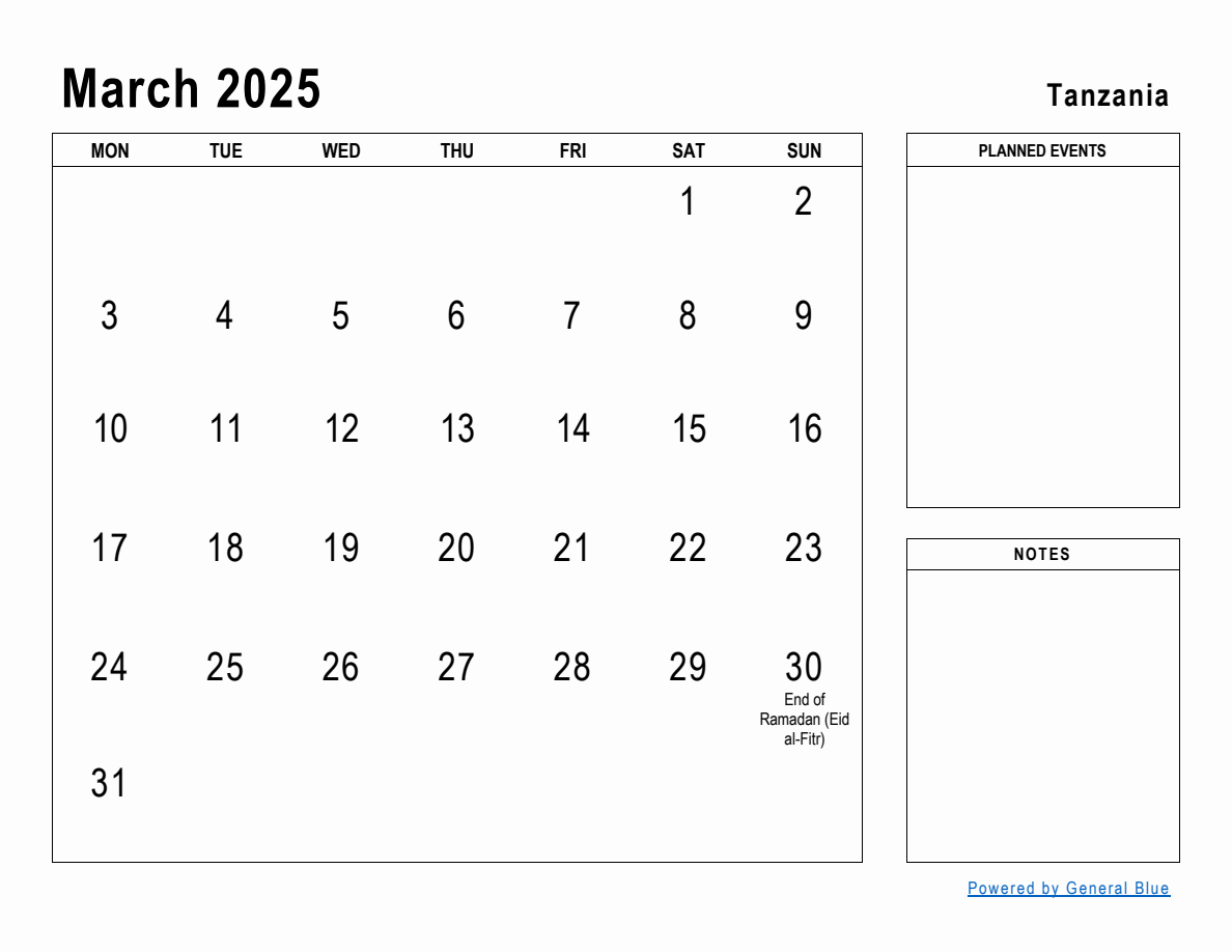 March 2025 Planner with Tanzania Holidays