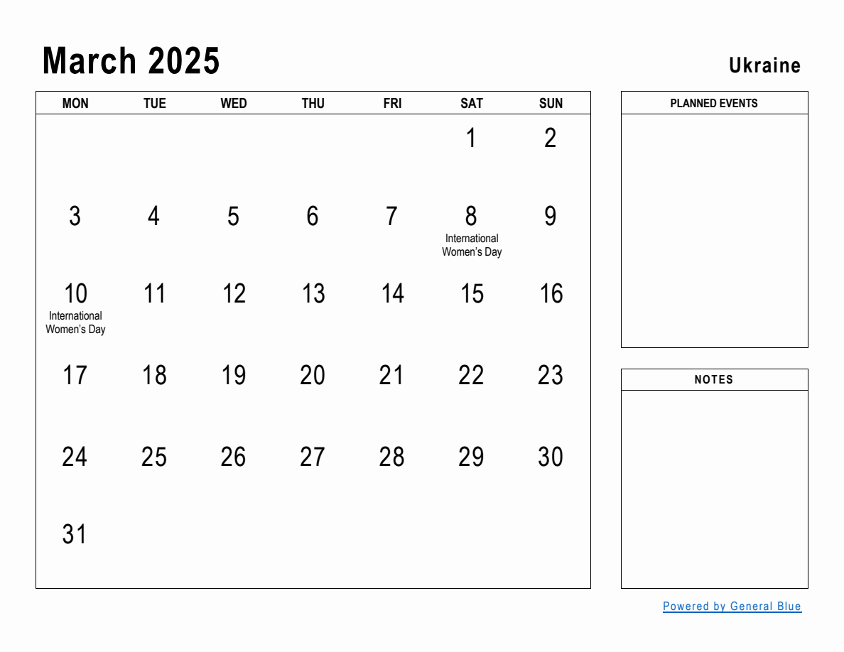 March 2025 Planner with Ukraine Holidays