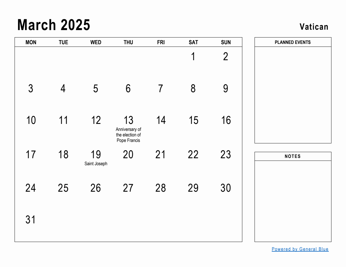 March 2025 Planner with Vatican Holidays