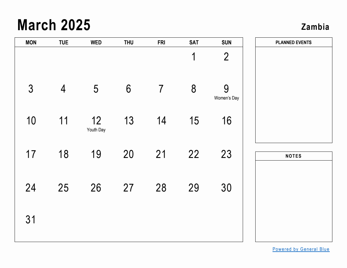 March 2025 Planner with Zambia Holidays