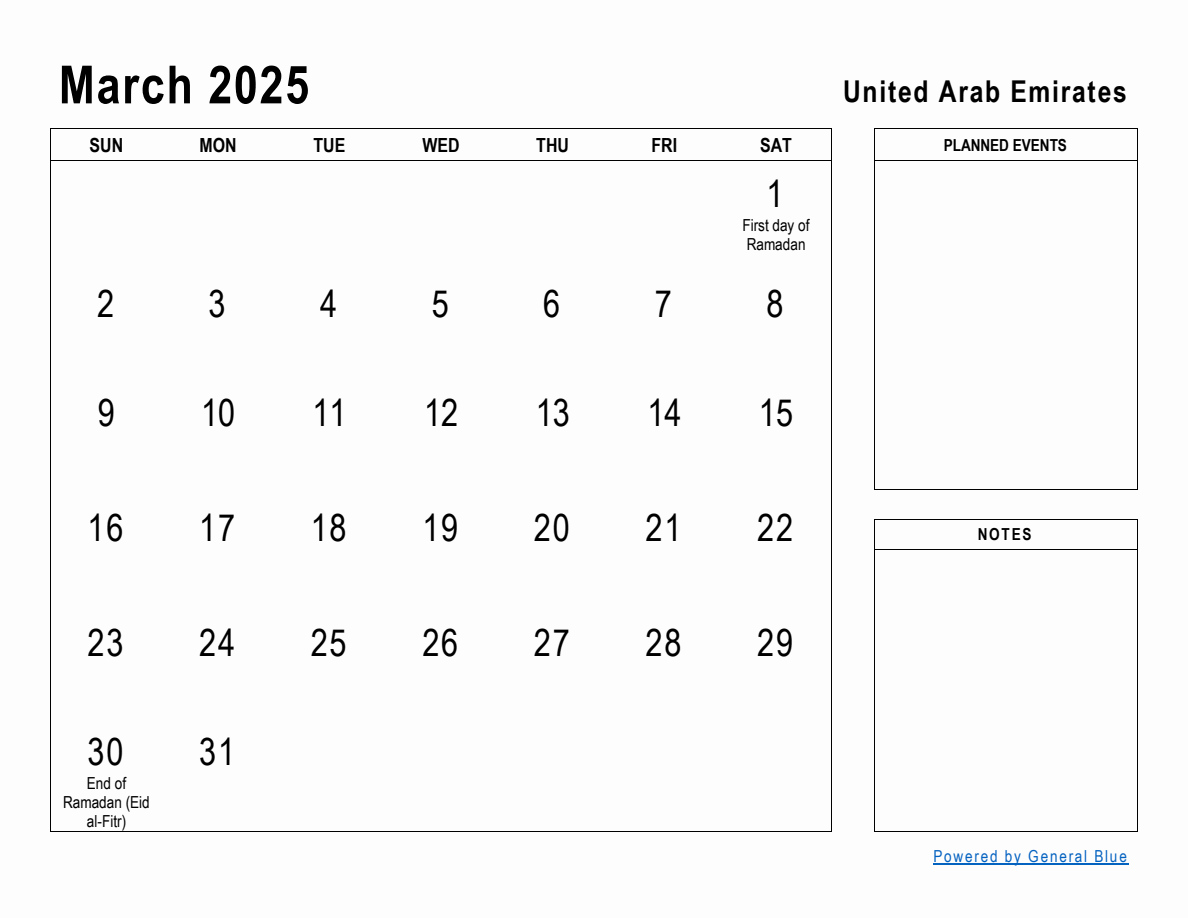 March 2025 Planner with United Arab Emirates Holidays