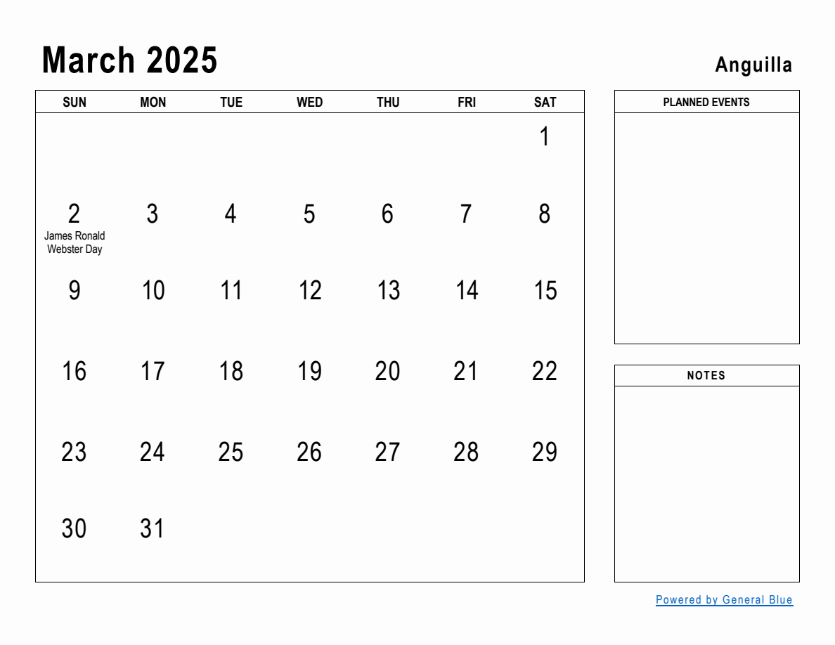 March 2025 Planner with Anguilla Holidays