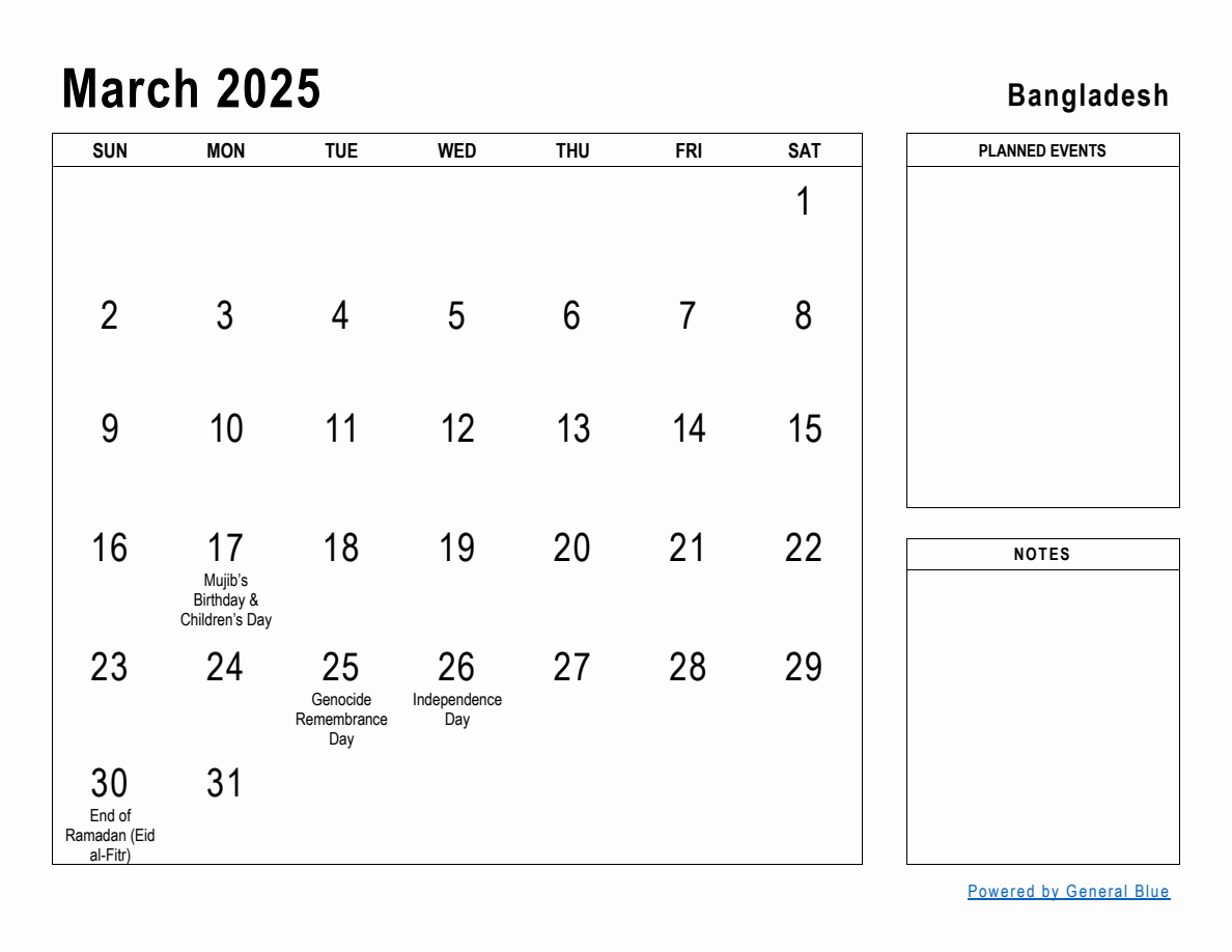March 2025 Planner with Bangladesh Holidays
