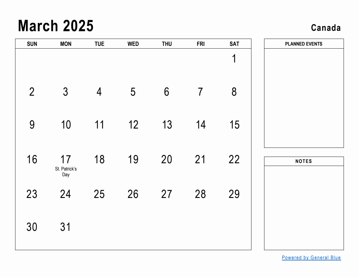 March 2025 Planner with Canada Holidays