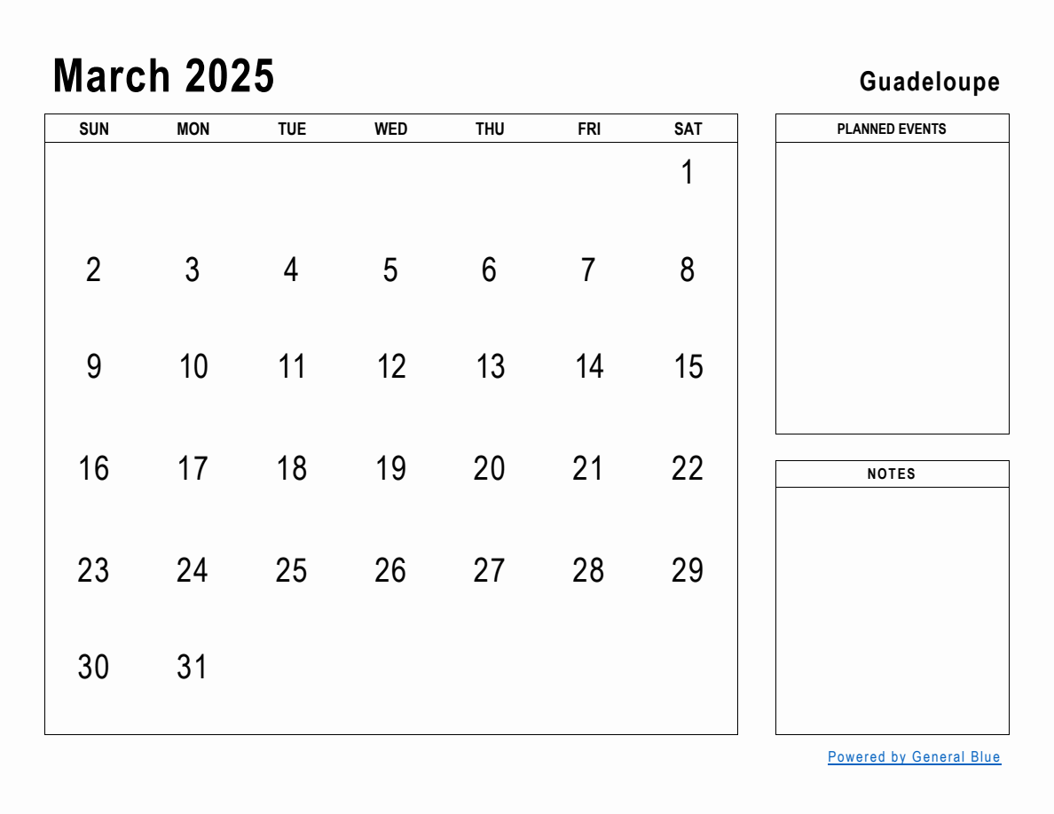 March 2025 Planner with Guadeloupe Holidays