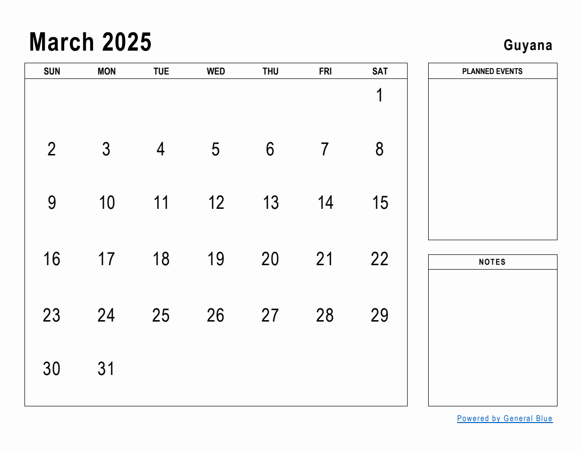 March 2025 Planner with Guyana Holidays