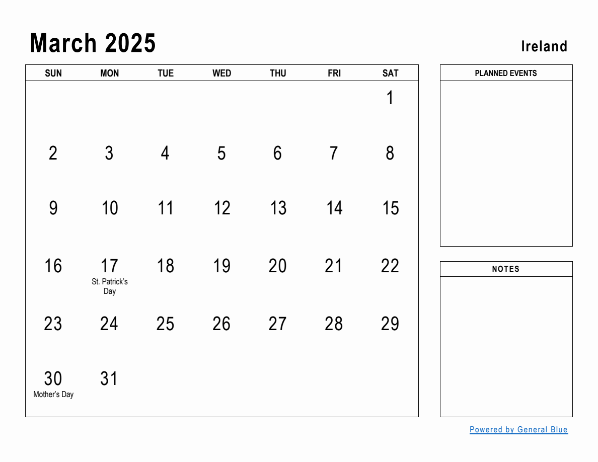 March 2025 Planner with Ireland Holidays