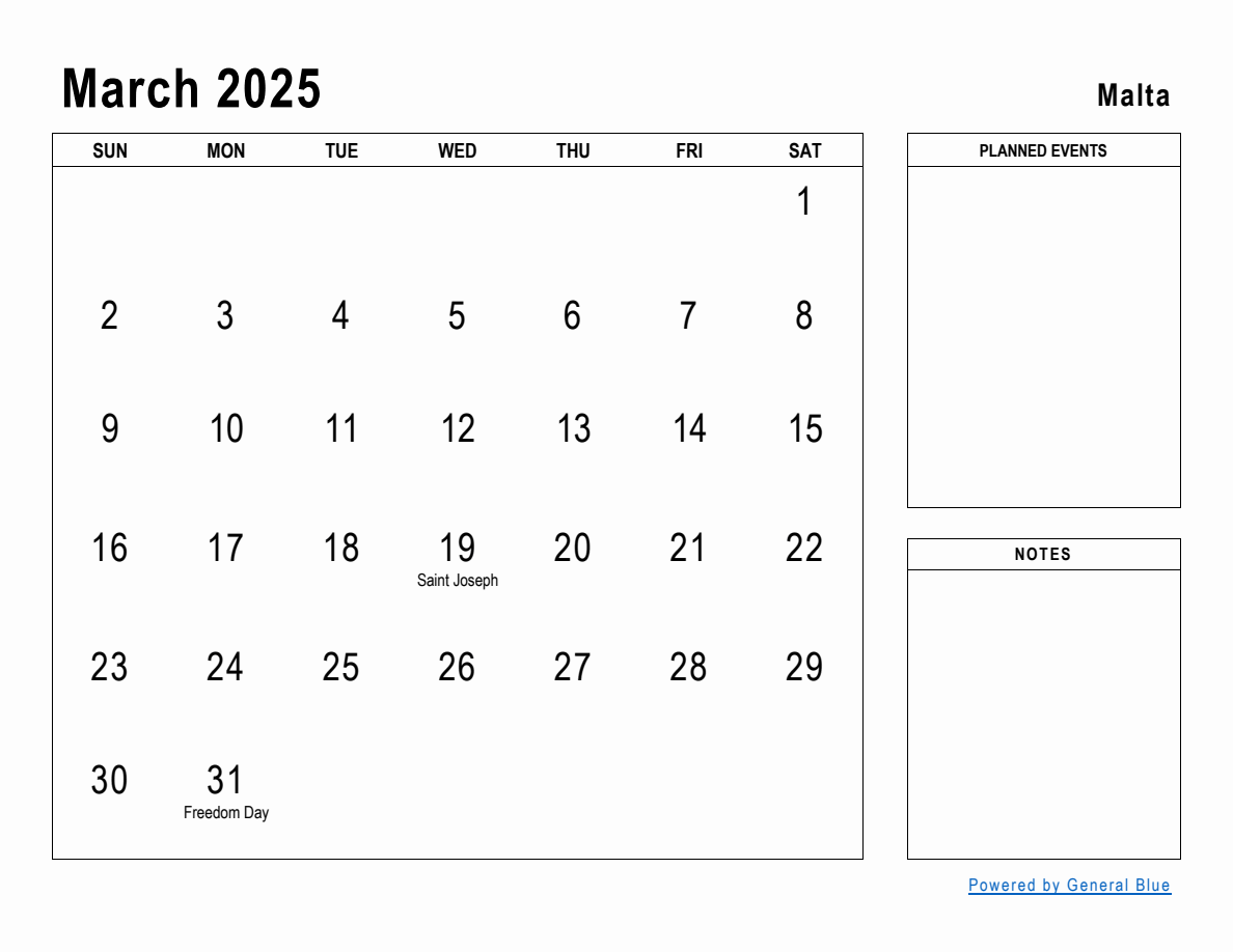 March 2025 Planner with Malta Holidays