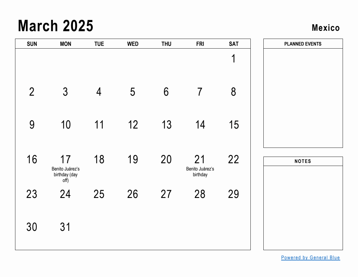 March 2025 Planner with Mexico Holidays