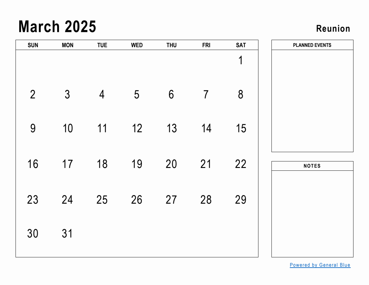 March 2025 Planner with Reunion Holidays