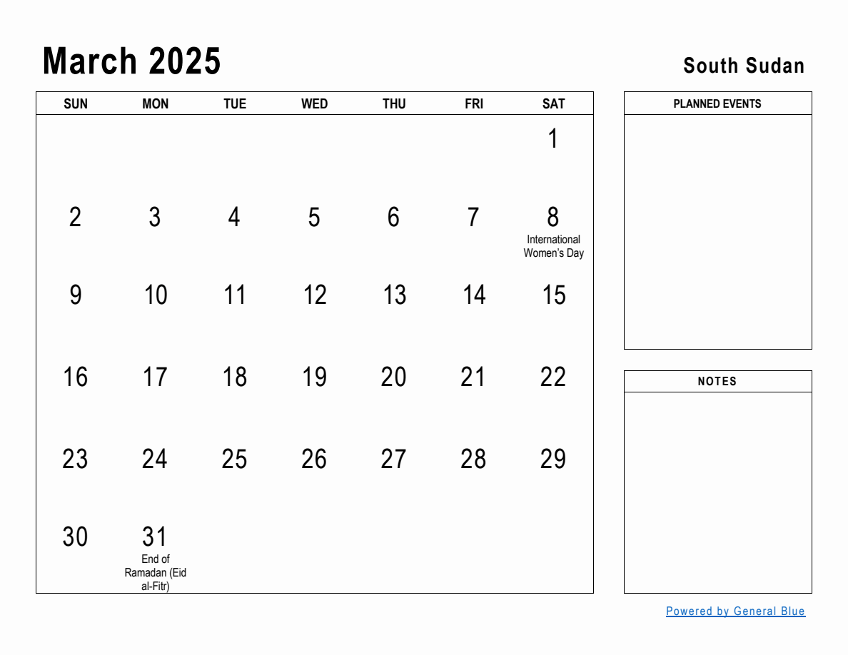 March 2025 Planner with South Sudan Holidays