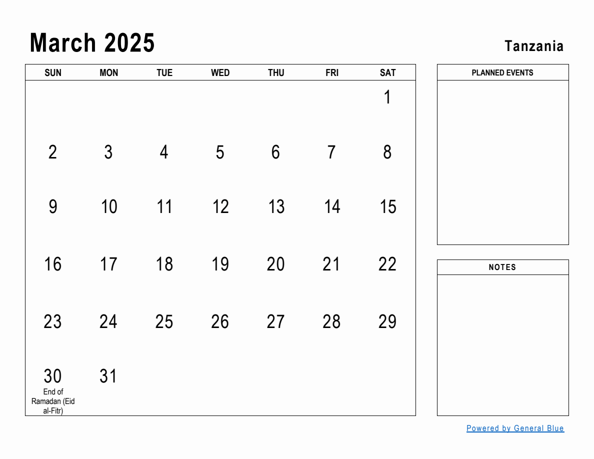 March 2025 Planner with Tanzania Holidays