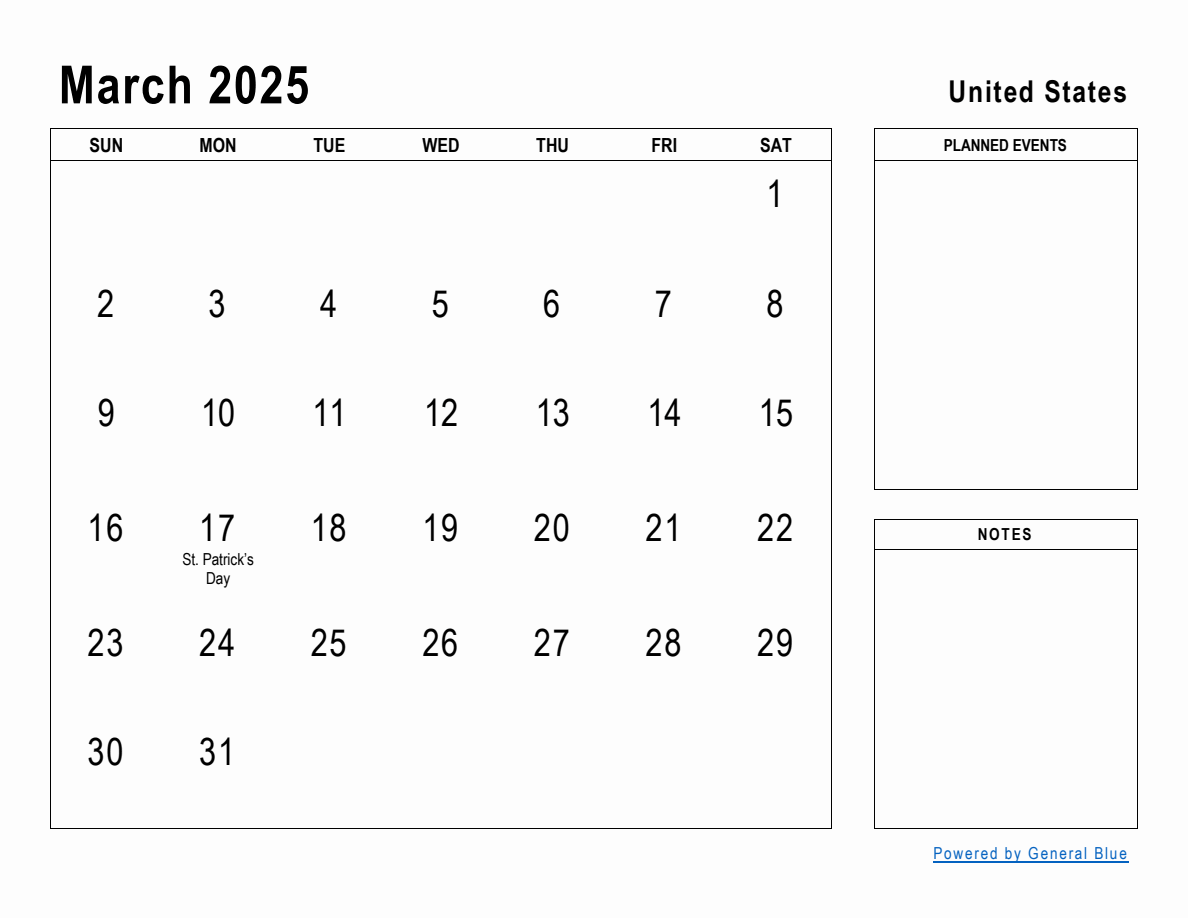 March 2025 Planner with United States Holidays