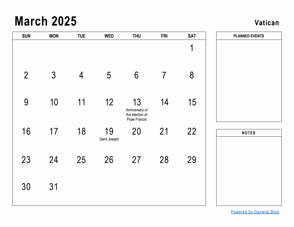 March 2025 Planner with Vatican Holidays