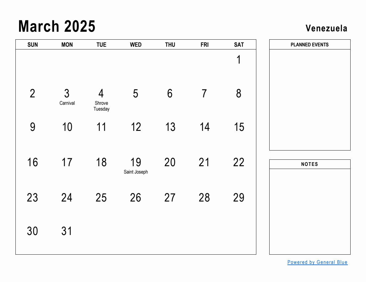 March 2025 Planner with Venezuela Holidays