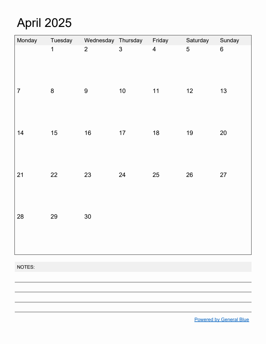 Free Printable Monthly Calendar for April 2025