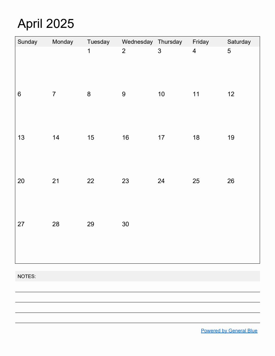 Free Printable Monthly Calendar for April 2025