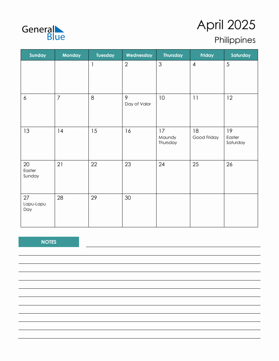 Monthly Planner with Philippines Holidays April 2025