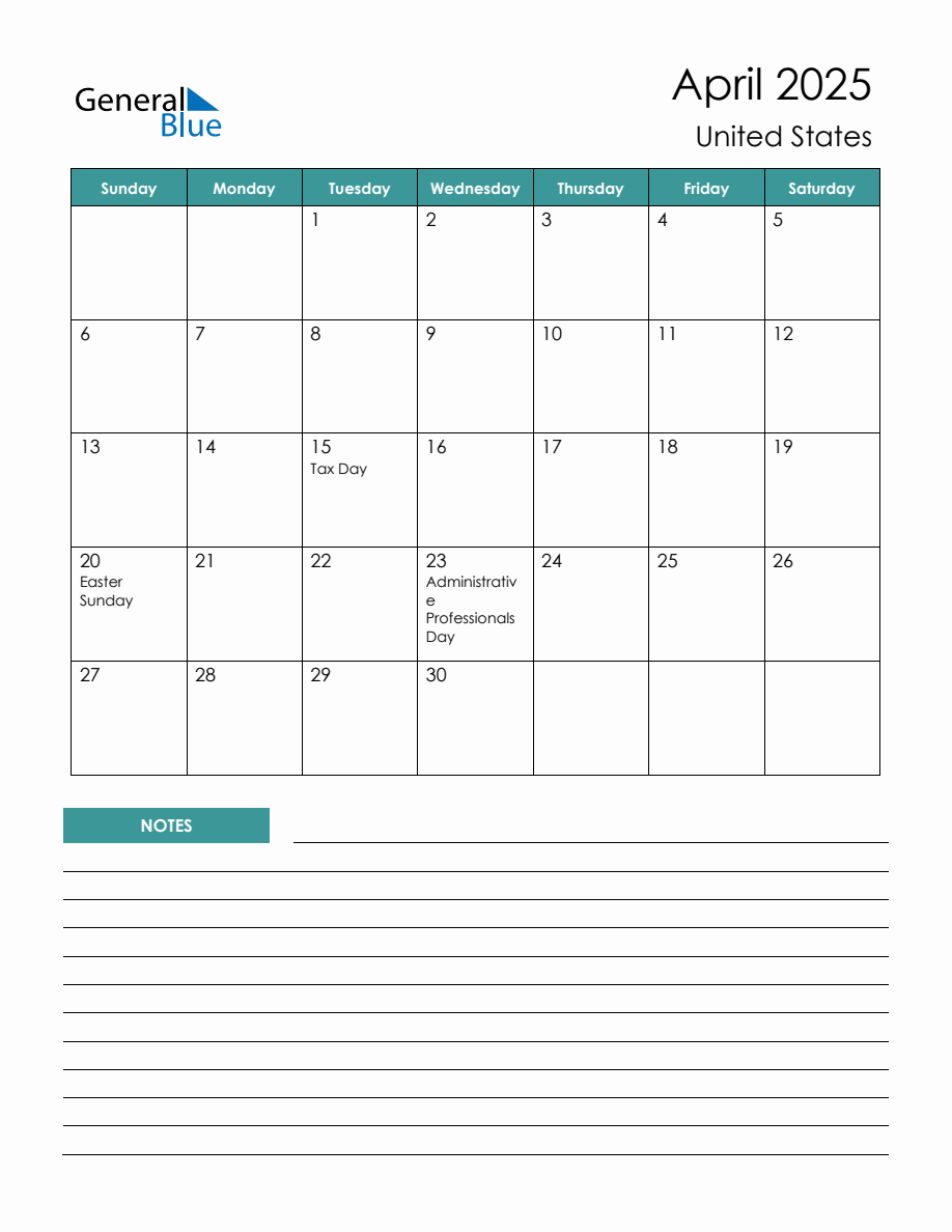 Monthly Planner with United States Holidays April 2025