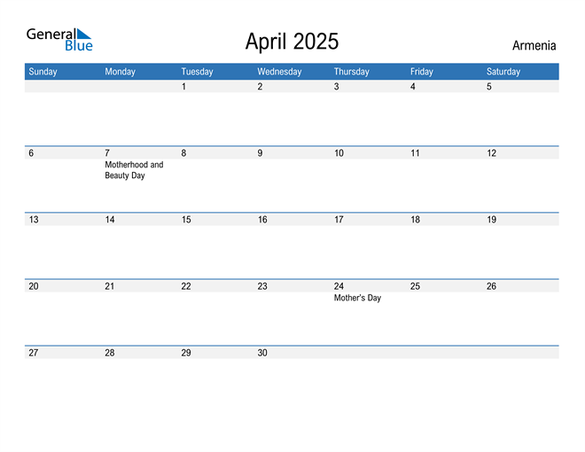 April 2025 Calendar with Armenia Holidays