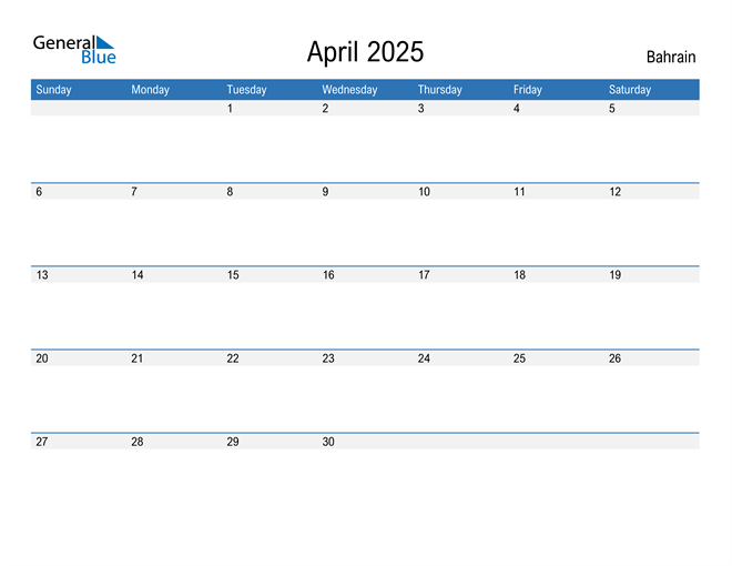 April 2025 Calendar with Bahrain Holidays