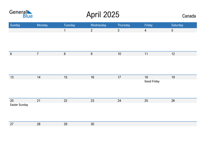 April 2025 Calendar with Canada Holidays