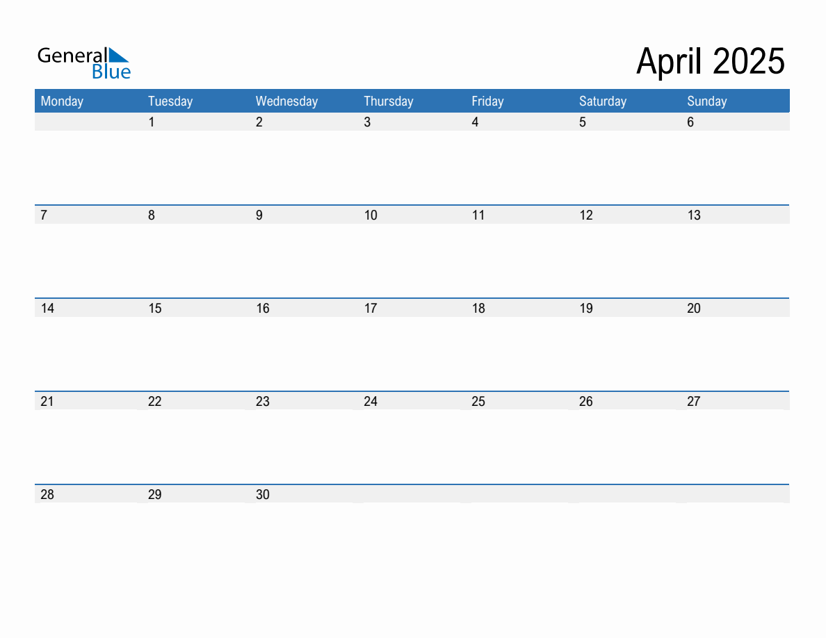 Editable Calendar Template for April 2025