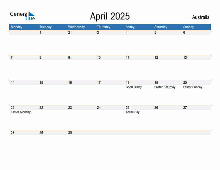 April 2025 - Australia Monthly Calendar with Holidays