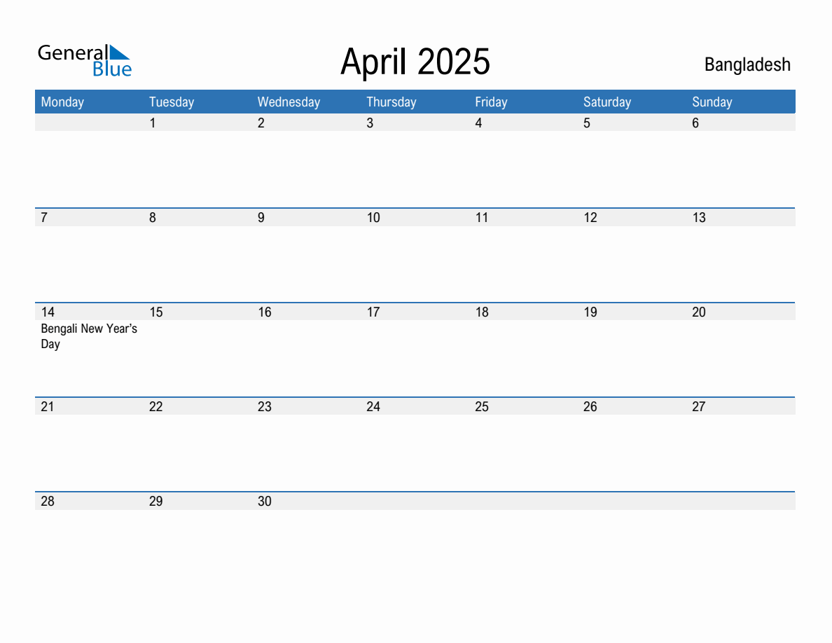 Editable April 2025 Calendar with Bangladesh Holidays