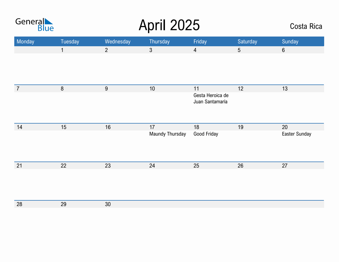 Editable April 2025 Calendar with Costa Rica Holidays