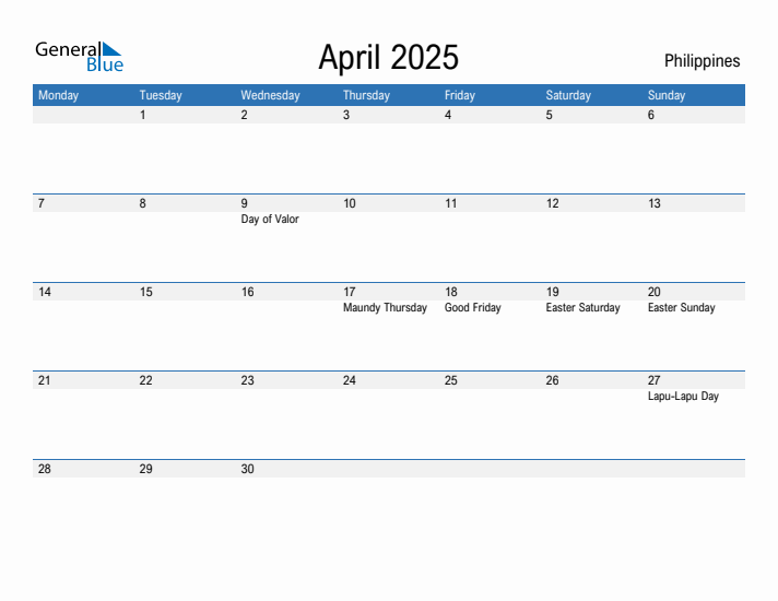 Editable April 2025 Calendar with Philippines Holidays